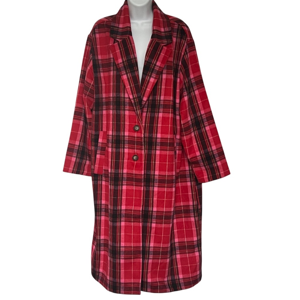 Old Navy Coat Size XL Red Pink Plaid Button Up Pockets Tartan Long Oversized